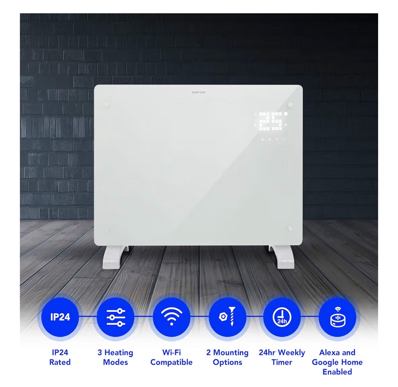 Devola Wifi Enabled Smart Electric Glass Panel Heater 1500W | Wall Mounted Radiator & Free Standing Low Energy Heater, Works With Alexa | Lot 20 complaint, DVPW1500G