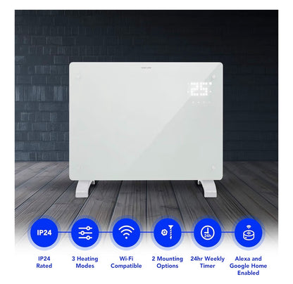 Devola Wifi Enabled Smart Electric Glass Panel Heater 1500W | Wall Mounted Radiator & Free Standing Low Energy Heater, Works With Alexa | Lot 20 complaint, DVPW1500G