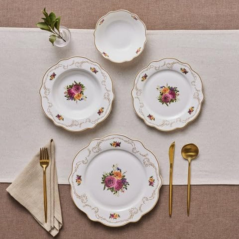 Antique Plates and Bowls Set for 6 People, White Dinner Set, Complete Kitchen Tableware Collection, Colourful Flower Design, Bone China, 24 Piece