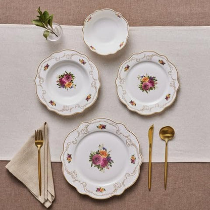 Antique Plates and Bowls Set for 6 People, White Dinner Set, Complete Kitchen Tableware Collection, Colourful Flower Design, Bone China, 24 Piece