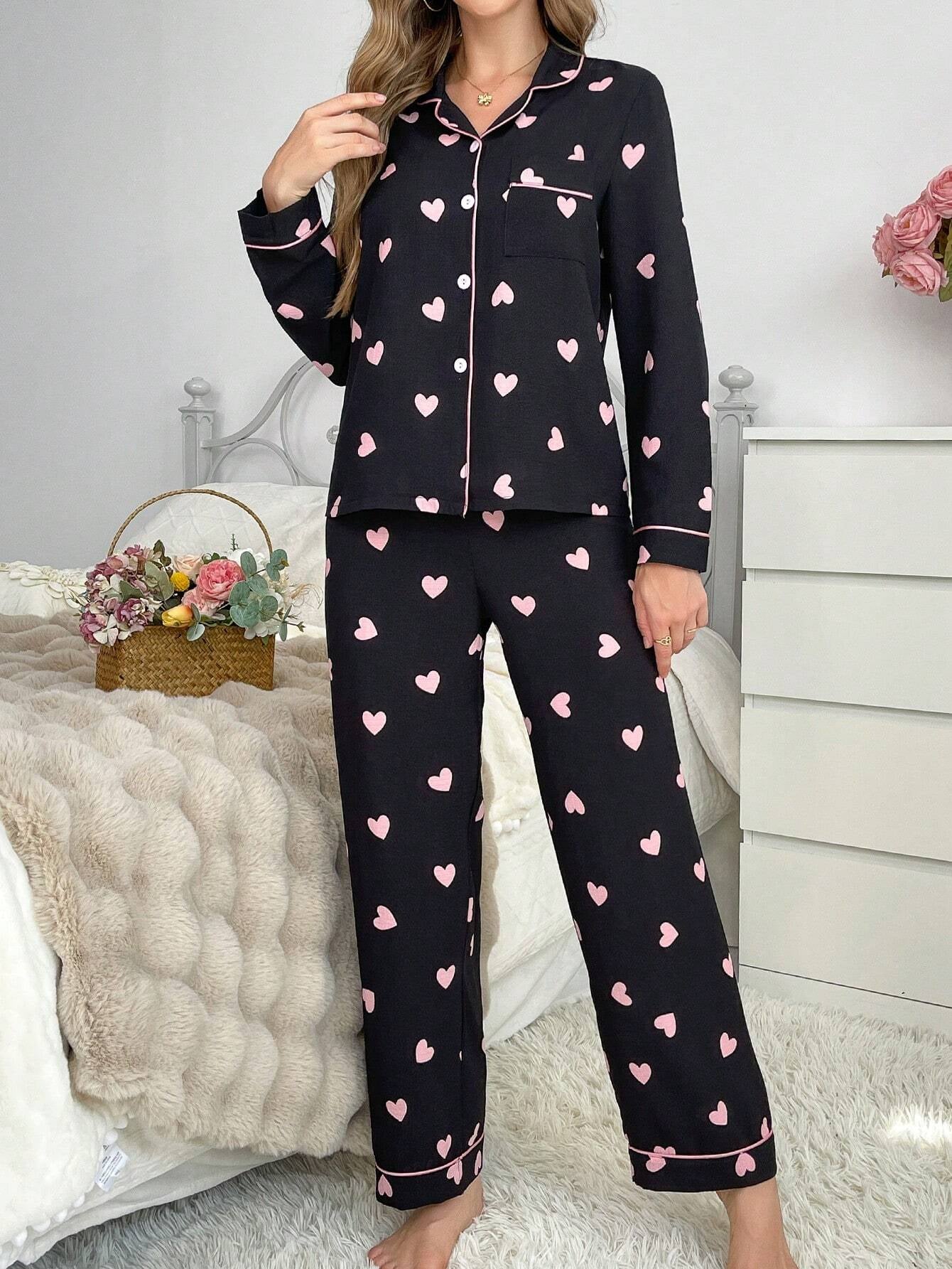 Contrast Color Trim Collared Cardigan & Heart Bubble Wrinkled Women Pajama Set