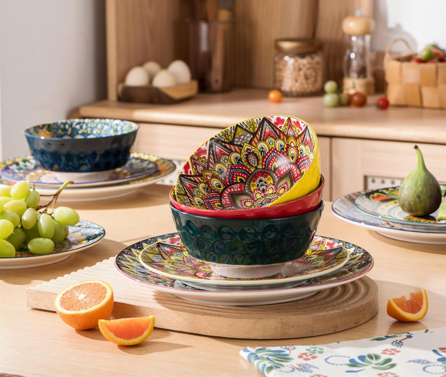 Cereal Bowls, Bowls Set of 6-25 OZ, Porcelain Bowl for Cereal/Soup/Noodles/Poke/Pho/Fruit, Boho Dishes - Vibrant Colours Soup Plates