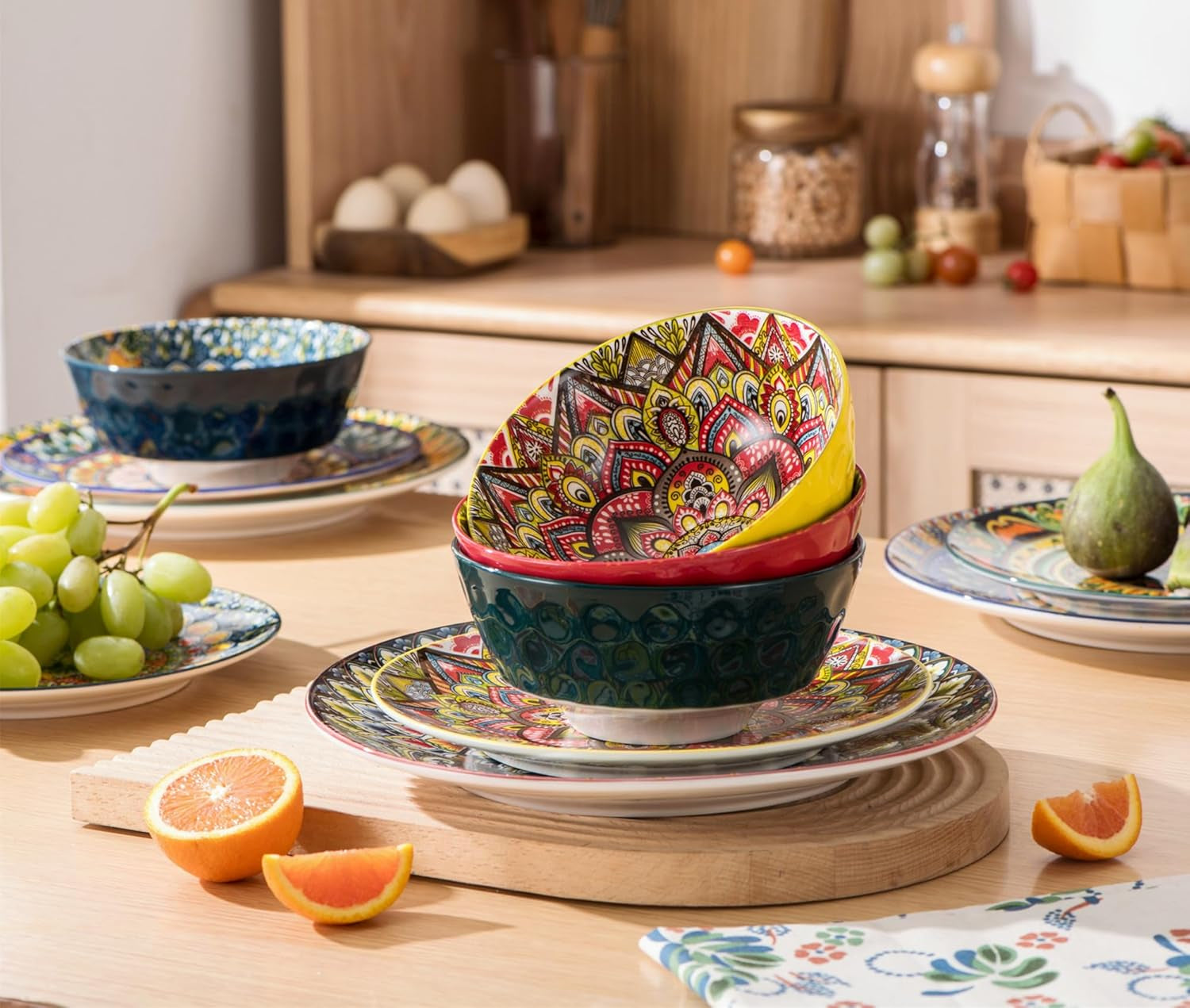 Cereal Bowls, Bowls Set of 6-25 OZ, Porcelain Bowl for Cereal/Soup/Noodles/Poke/Pho/Fruit, Boho Dishes - Vibrant Colours Soup Plates