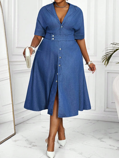 Lady plus Size Women'S Summer Lapel Neck Single-Breasted Short Sleeve Casual Denim Dress Wedding Guest Dress Women Fashionable for Summer Summer Dresses for Women Summer Dress Vacation Outfits Birthday Dresses for Women Business Casual Woman plus Size Jean Dress Denim plus Size Dress Jean Dress plus Size Denim Dress plus Size Curve Denim Dress