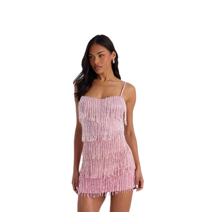 Betsy Sequin Fringe Satin Mini Dress Mauve