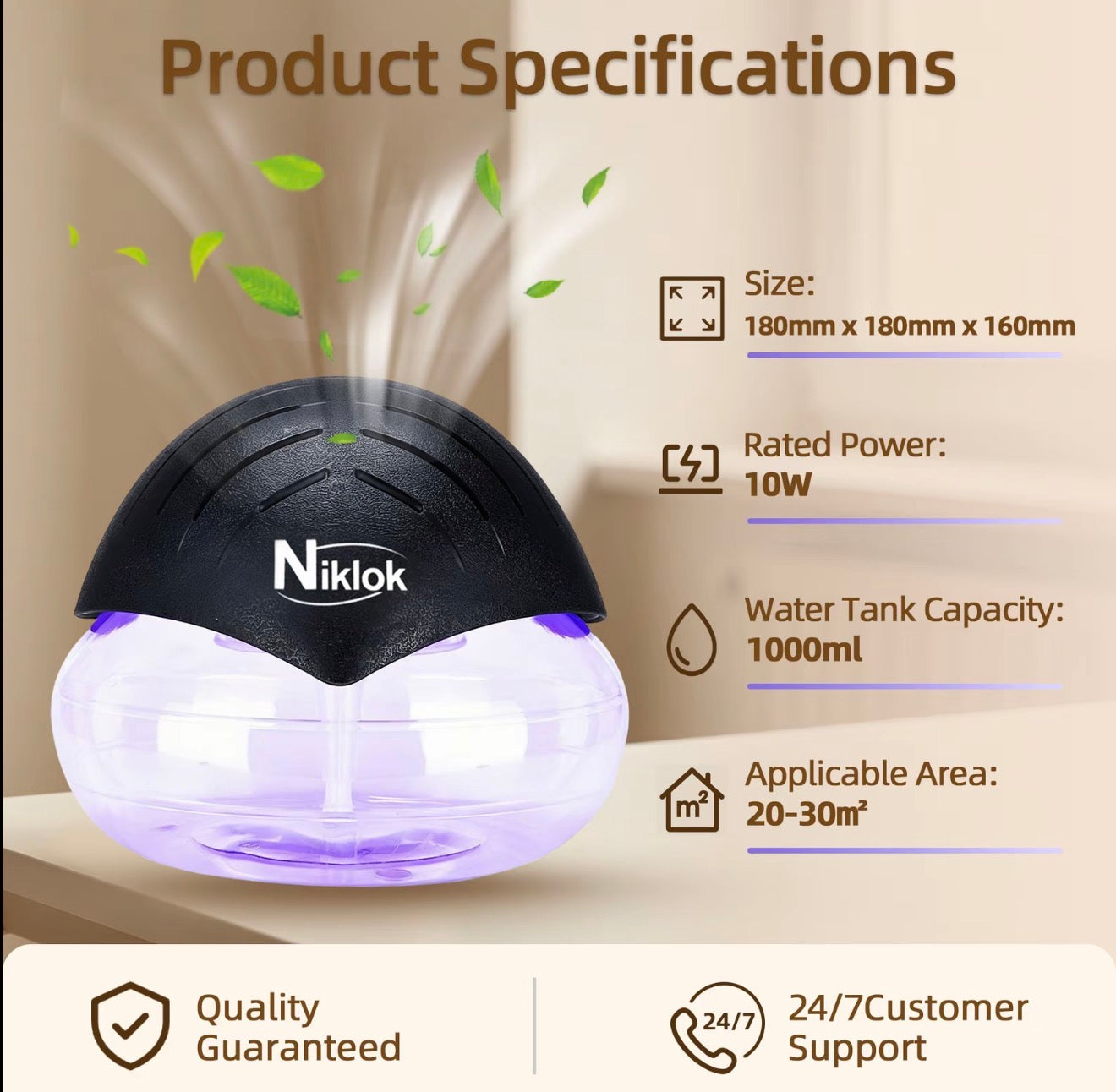 NIKLOK Water Filter Air Purifier Aromatherapy LED Night Light