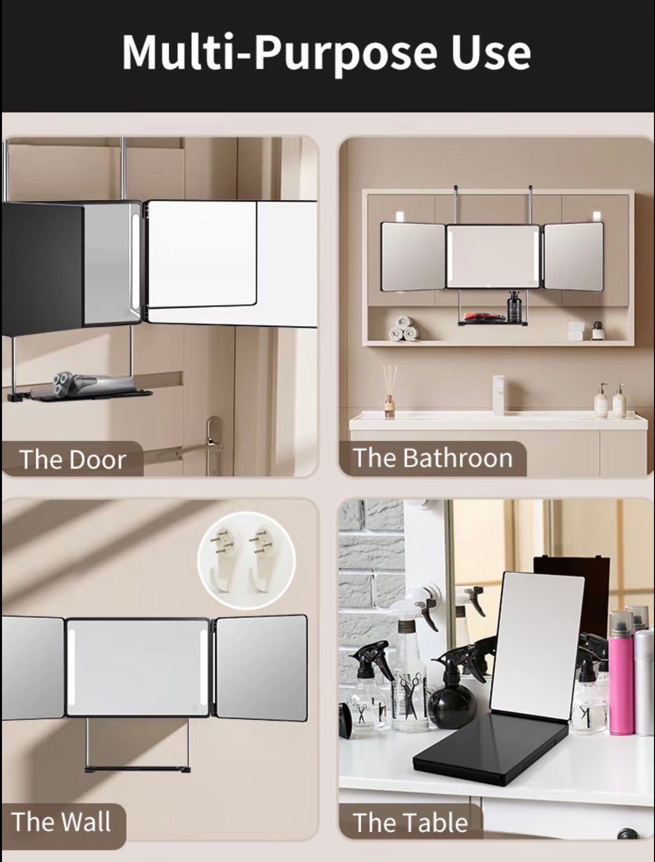 Umitec Adjustable LED 3-Way Mirror with Shelf
