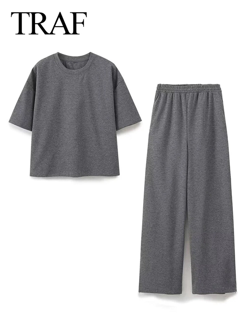 2024 Women'S Solid Casual T Shirts Pant Set Short Sleeves O-Neck T-Shirt Top+Lace-Up Loose Side Pockets Straight Pant