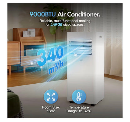 VonHaus Air Conditioning Unit 9000 BTU – Portable Air Conditioner, Dehumidifier Mode, Air Con, Window Venting Kit, Remote Control, 4 Modes, 2 Speeds, 24hr Timer, LED Display, x4 Wheels, Carry Handles