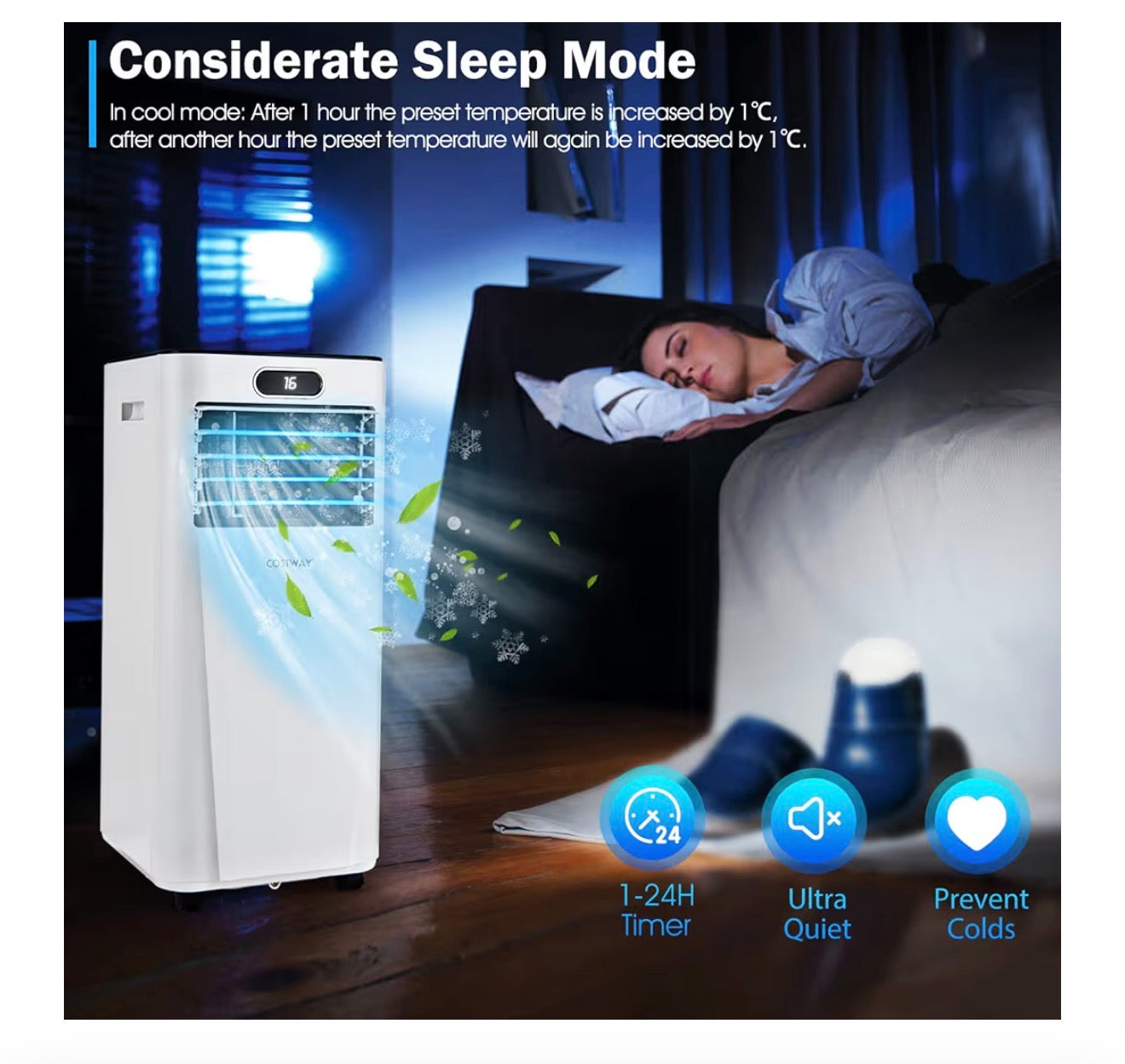 9000BTU Portable Air Conditioner, 4 in 1 Mobile Cooler, Dehumidifier, Fan with Sleep Mode, LED & Front Display, Remote Control, 2 Speeds, 24H Timer & Adapter