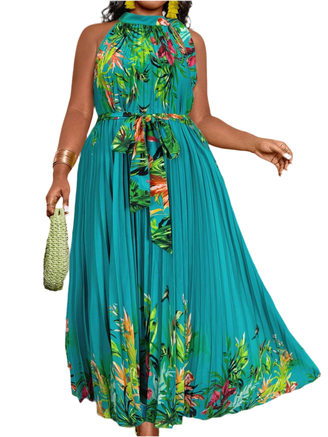 Plus Size Tropical Print Halter Maxi Dress – Perfect for Vacation