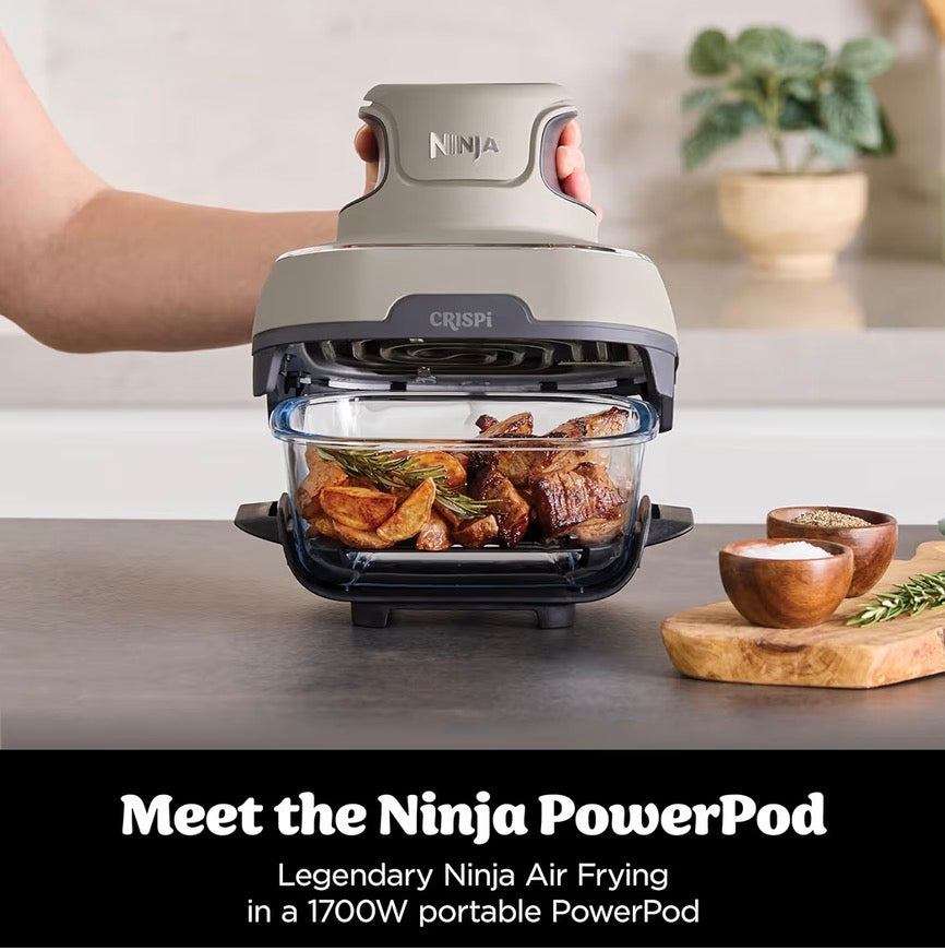 CRISPi Portable Air Fryer, 3.8L, 4-in-1: Air Fry, Roast, Keep Warm, Recrisp, Space Saving Compact Design, 2x Removable Glass Containers & Lids, 1700W, Stone FN101UKST