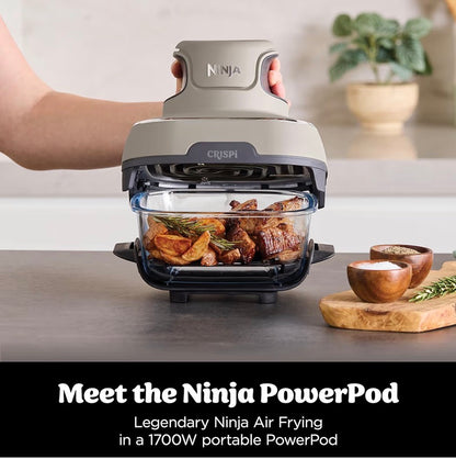 CRISPi Portable Air Fryer, 3.8L, 4-in-1: Air Fry, Roast, Keep Warm, Recrisp, Space Saving Compact Design, 2x Removable Glass Containers & Lids, 1700W, Stone FN101UKST