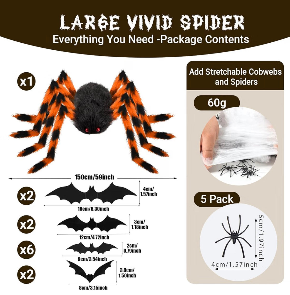 AMLOOPH 59-Inch Orange Halloween Spider Set with Bats & Cobwebs | Minja Superstore