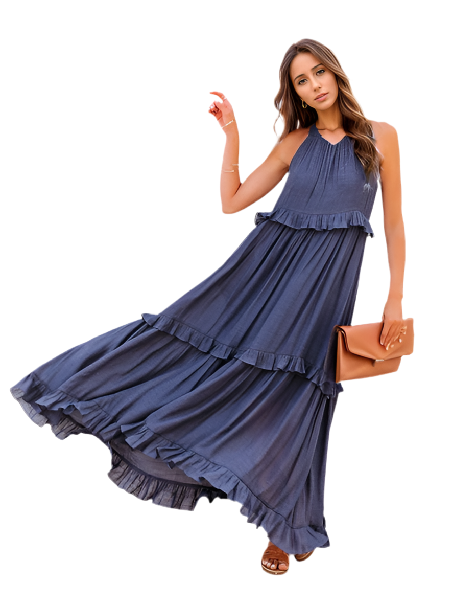 Ruffled Sleeveless Tiered Maxi Dress with Pockets