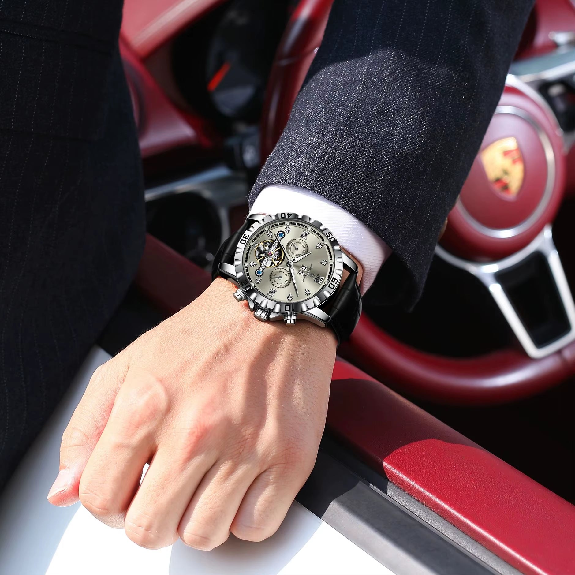 Fashion Men Wristwatch Luxury Hollow Tourbillon Luminous Date Week Man Clock Automatic Mechanical Leather Men'S Watches