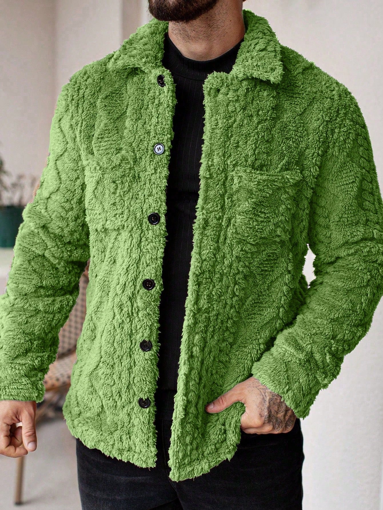 Manfinity Homme Men'S Casual Solid Color Fuzzy Jacket for Autumn/Winter ,Men Flannel,Winter Men Jacket, Going Out Warm Long Sleeve Jacket, for Friends, Husband, Boyfriend Gifts