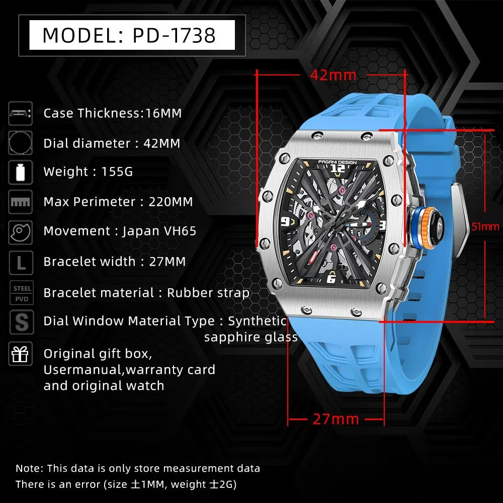 2024 New PAGANI DESIGN Men'S Quartz Watches VH65 Movt Skeleton Dial 100M Waterproof Sport Rectangle Sapphire Glass Watch for Men