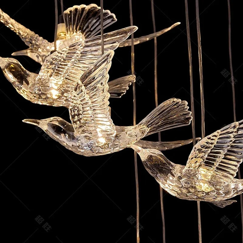 Luxury Led Chandelier for Staircase Modern Home Decor Hanging Lamp Creative Bird Design Lighting Acrylic Living Room Lustre