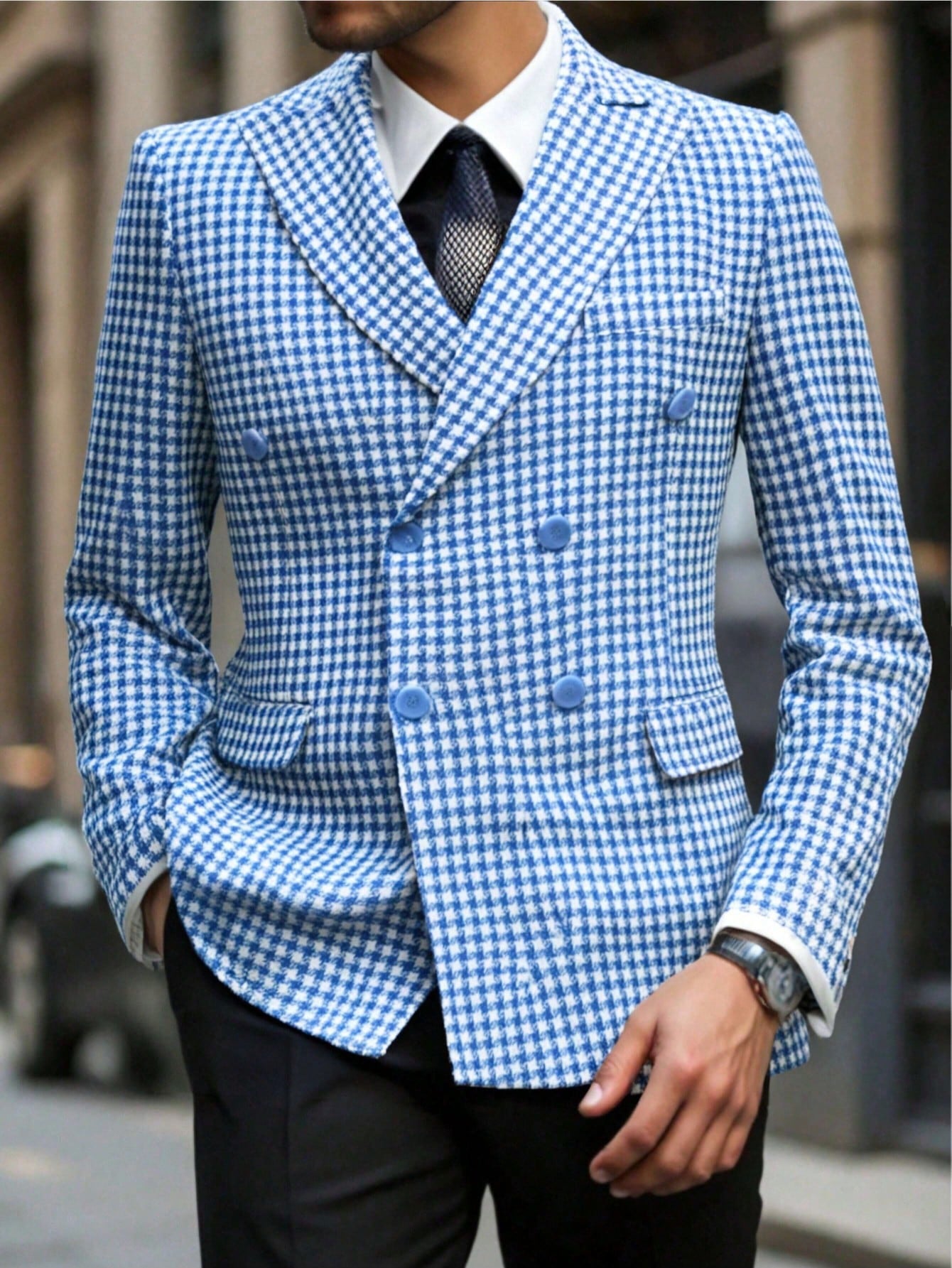 I Finelong Fashionable Casual Houndstooth Patterned Suit Jacket for Men, Suitable for Commuting and Going Out