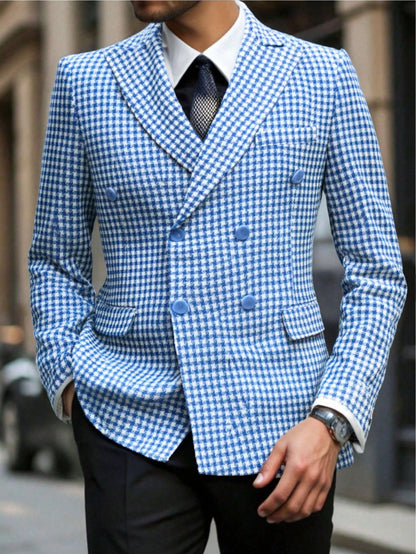 I Finelong Fashionable Casual Houndstooth Patterned Suit Jacket for Men, Suitable for Commuting and Going Out
