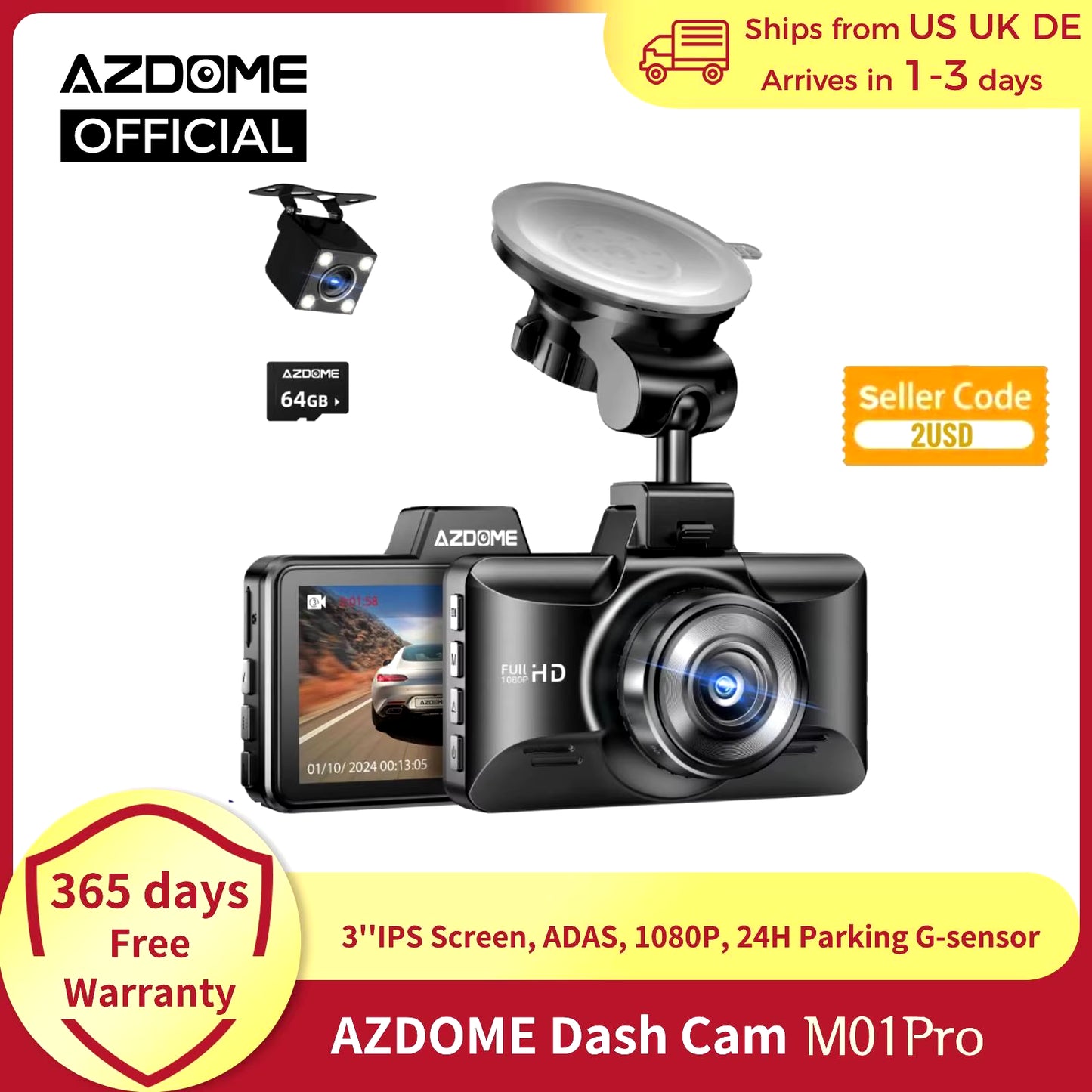 M01 Pro Dash Cam: High-Definition 1080P Recording with 3" IPS Display, Advanced Driver Assistance System, and Dual-Channel Coverage for Ultimate Road Safety