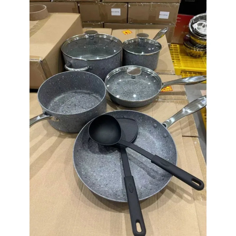 10Pcs Nonstick Cookware Set Nonstick Frying Pans Stainless Steel Handle Grey Granite Cookware Pot Pan Set