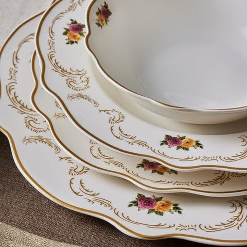Antique Plates and Bowls Set for 6 People, White Dinner Set, Complete Kitchen Tableware Collection, Colourful Flower Design, Bone China, 24 Piece