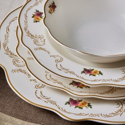 Antique Plates and Bowls Set for 6 People, White Dinner Set, Complete Kitchen Tableware Collection, Colourful Flower Design, Bone China, 24 Piece