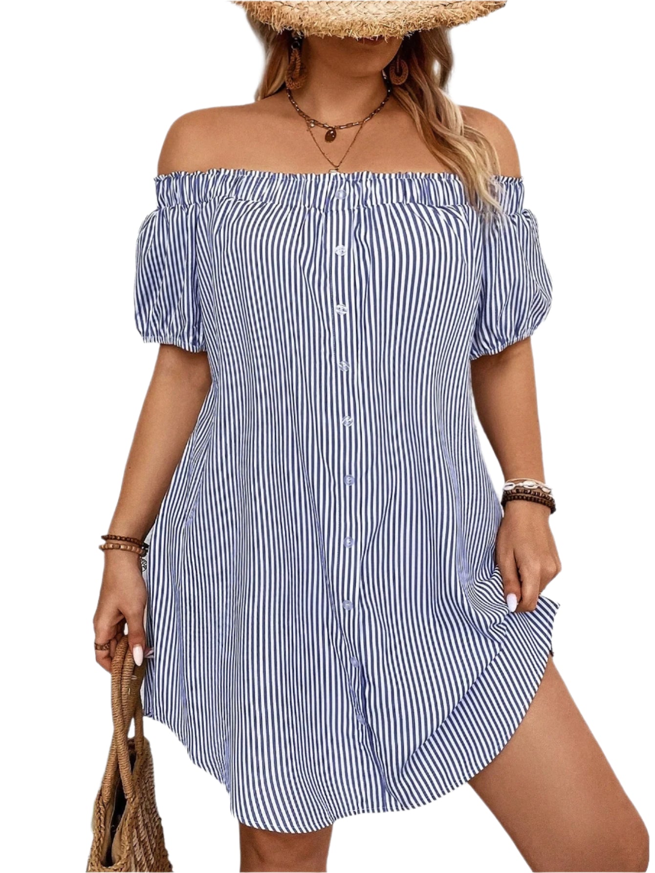 LUNE plus Size Holiday Casual Striped off Shoulder Dress, for Summer