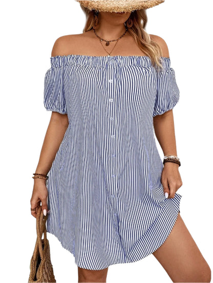 LUNE plus Size Holiday Casual Striped off Shoulder Dress, for Summer
