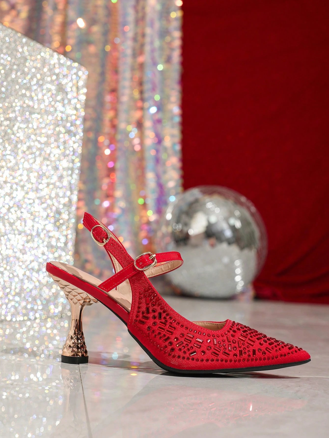 Pink Elastic Strap Back Rhinestone Women'S Sandals, Pointed Toe Backless Square High Heel Shoes, Unique Design