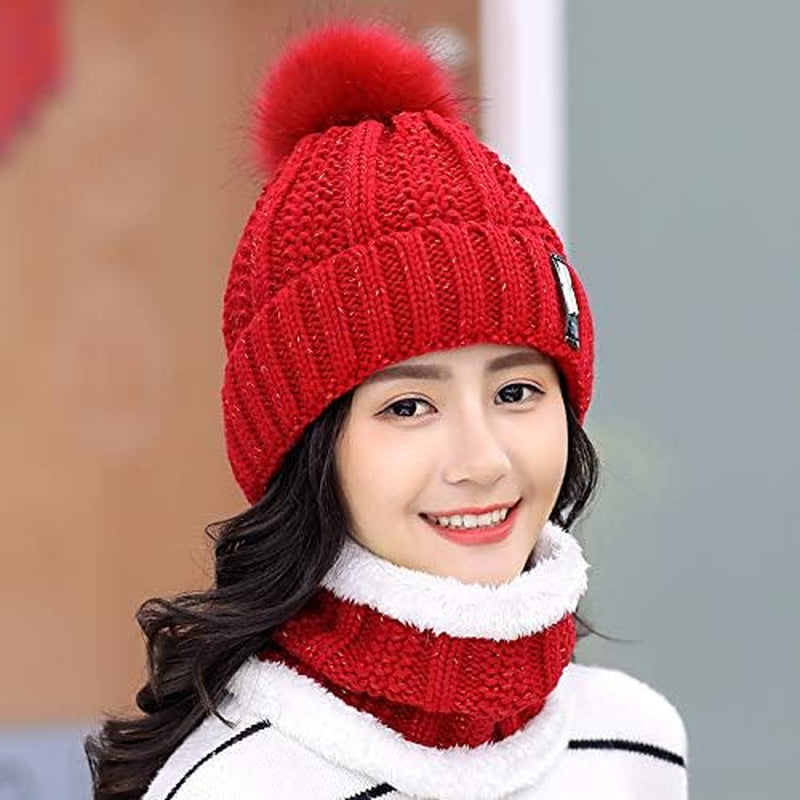 Womens Knit Scarf Beanie Hat 2PCS Set Fleece Lined Pom Skull Cap Scarves Soft Warm Winter Gift Set