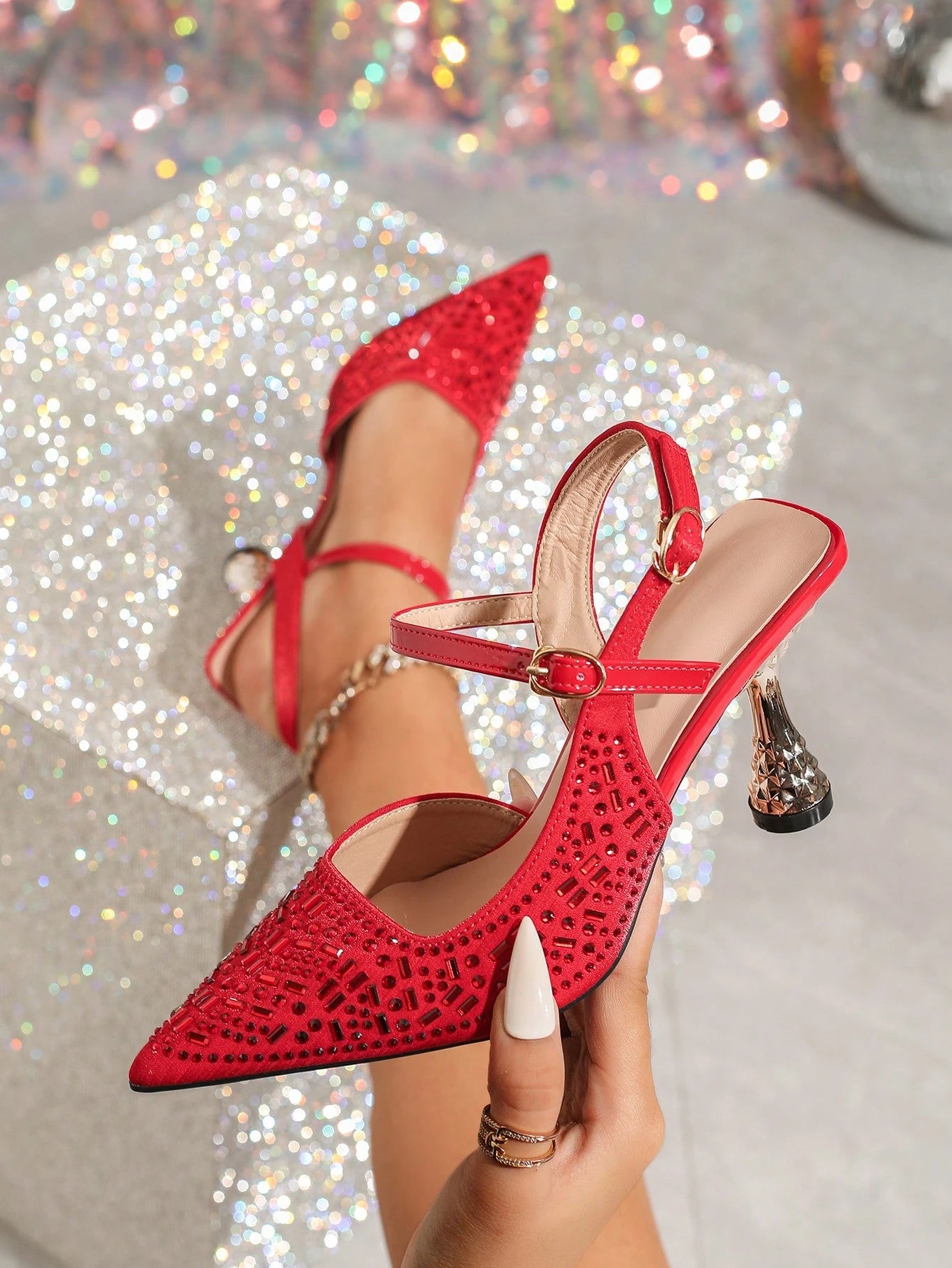 Pink Elastic Strap Back Rhinestone Women'S Sandals, Pointed Toe Backless Square High Heel Shoes, Unique Design