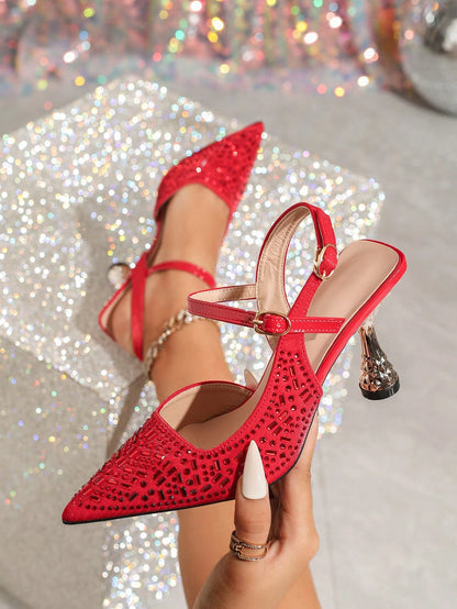 Pink Elastic Strap Back Rhinestone Women'S Sandals, Pointed Toe Backless Square High Heel Shoes, Unique Design