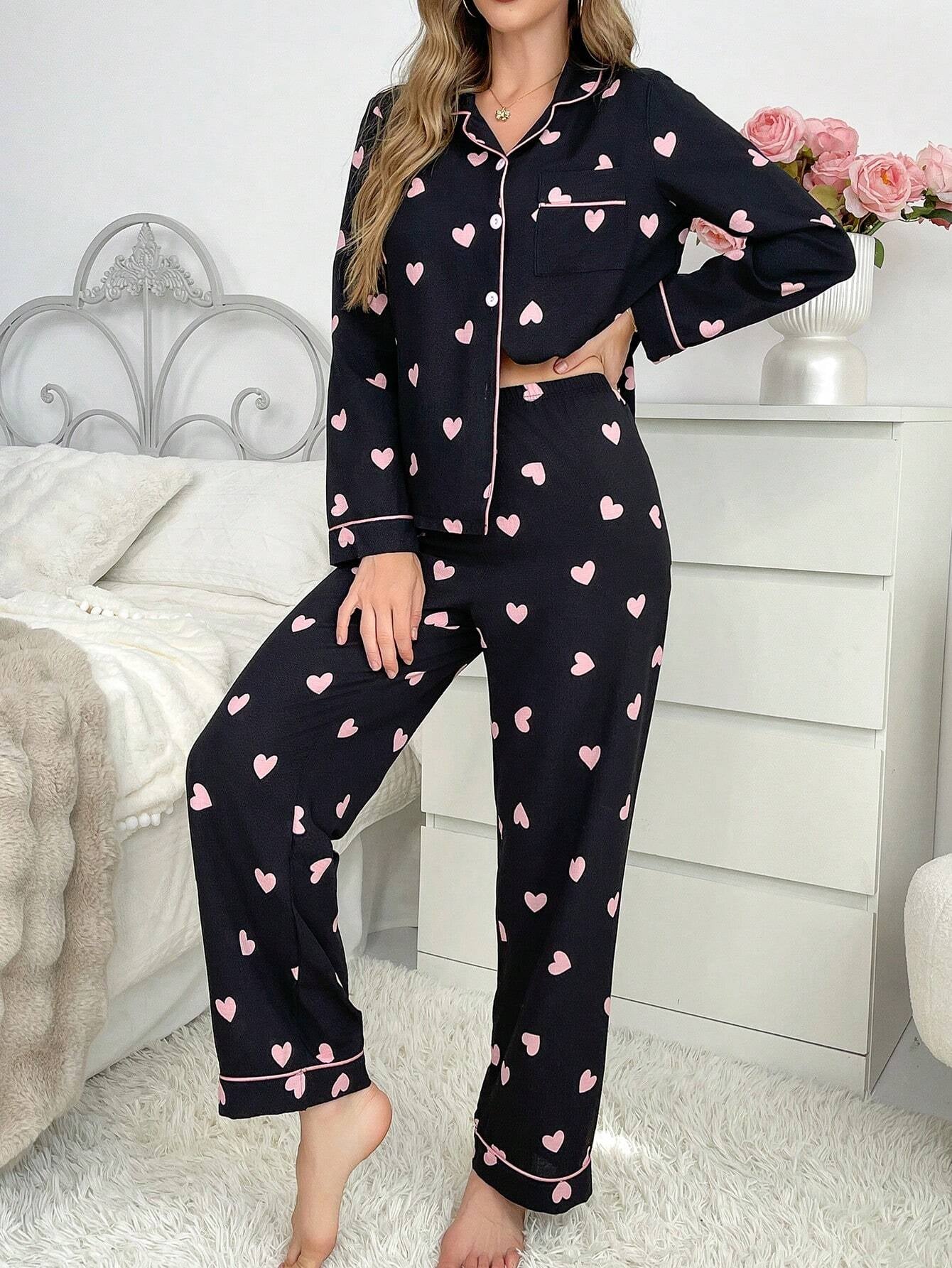 Contrast Color Trim Collared Cardigan & Heart Bubble Wrinkled Women Pajama Set