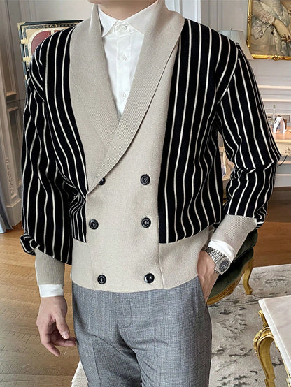 Men Striped Pattern Shawl Collar Double Breasted Cardigan, for Fall Winter