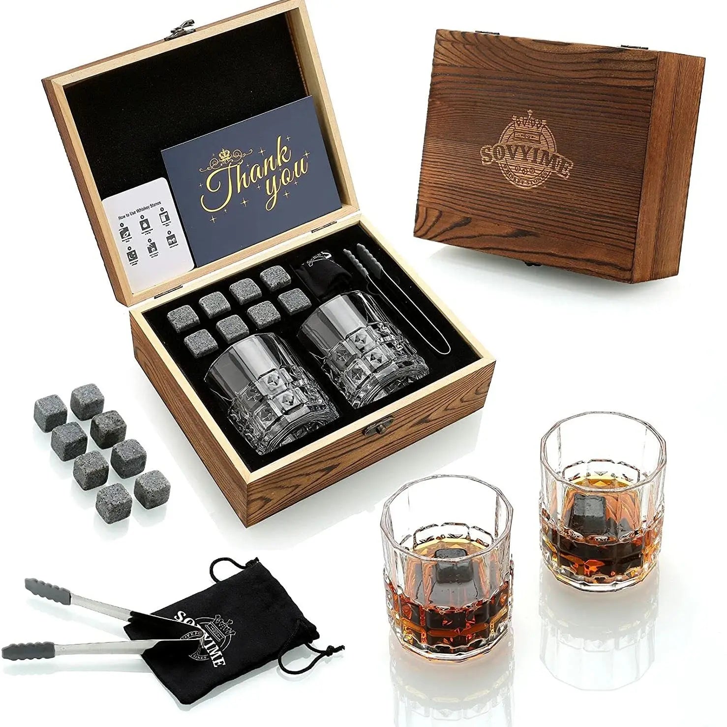 Whisky Stones Glasses Gift Set,Velvet Bag for Drinking Scottish Whiskey or Gin, Wooden Box Present for Christmas/Birthday