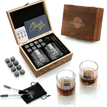 Whisky Stones Glasses Gift Set,Velvet Bag for Drinking Scottish Whiskey or Gin, Wooden Box Present for Christmas/Birthday