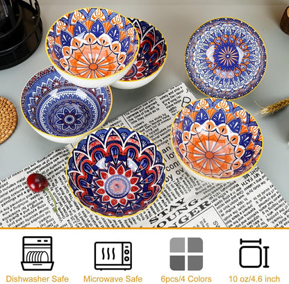 Ceramic Tapas Bowls Set of 6 - Bohemian Style Tapas Dishes, 10Oz/300Ml Salad Bowl, Decorative Serving Bowls for Dip, Cereal, Soup, Rice, Desserts & Snacks, Dishwasher & Microwave Safe