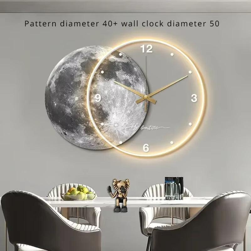 Large Wall Clock Luxury Dining Room Living Room Moon the Earth Modelling LED Light Silent Movement Bedroom Clock Wall Decoration