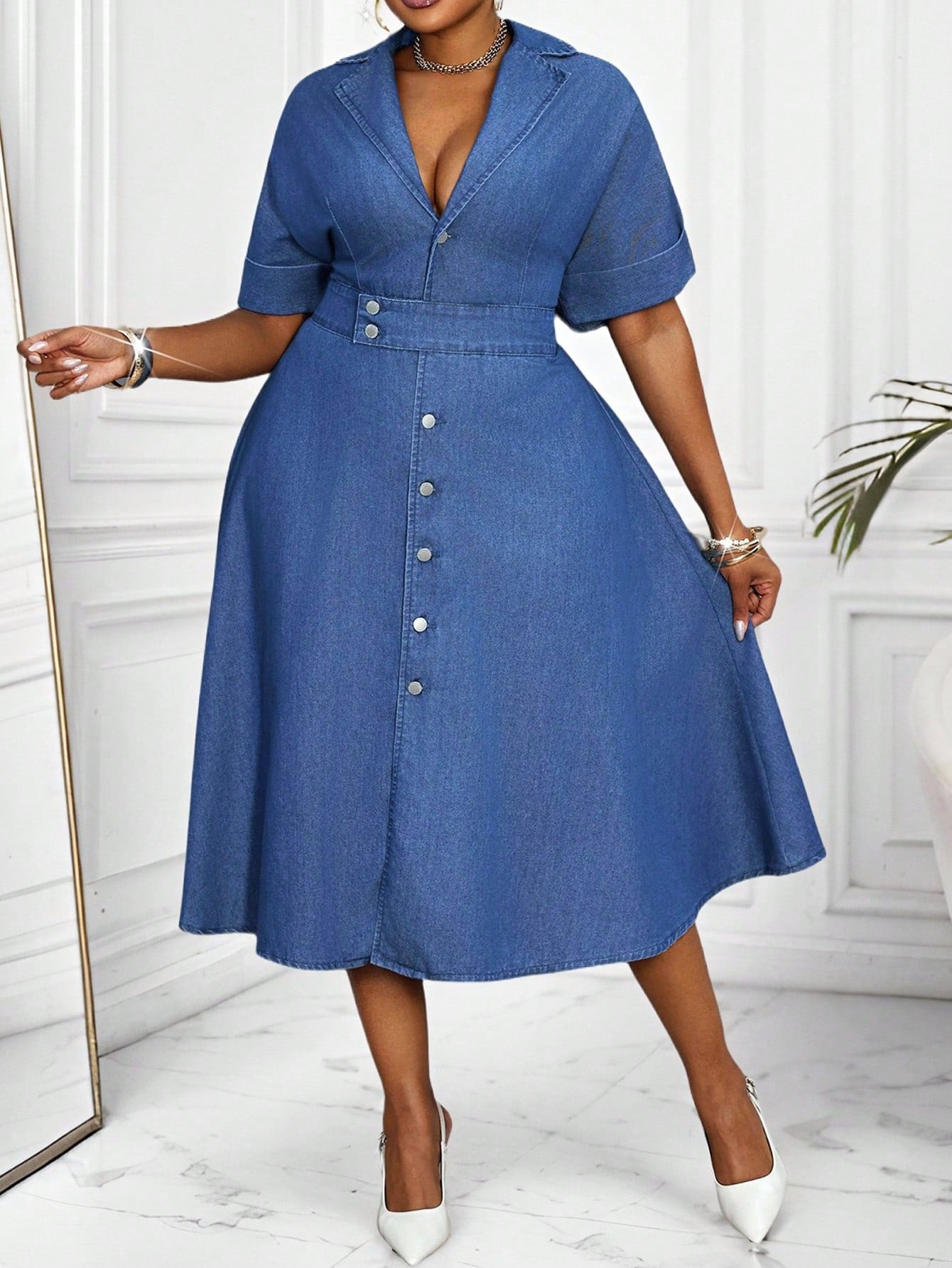 Lady plus Size Women'S Summer Lapel Neck Single-Breasted Short Sleeve Casual Denim Dress Wedding Guest Dress Women Fashionable for Summer Summer Dresses for Women Summer Dress Vacation Outfits Birthday Dresses for Women Business Casual Woman plus Size Jean Dress Denim plus Size Dress Jean Dress plus Size Denim Dress plus Size Curve Denim Dress