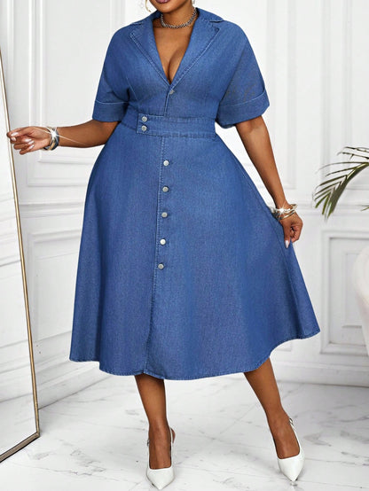 Lady plus Size Women'S Summer Lapel Neck Single-Breasted Short Sleeve Casual Denim Dress Wedding Guest Dress Women Fashionable for Summer Summer Dresses for Women Summer Dress Vacation Outfits Birthday Dresses for Women Business Casual Woman plus Size Jean Dress Denim plus Size Dress Jean Dress plus Size Denim Dress plus Size Curve Denim Dress