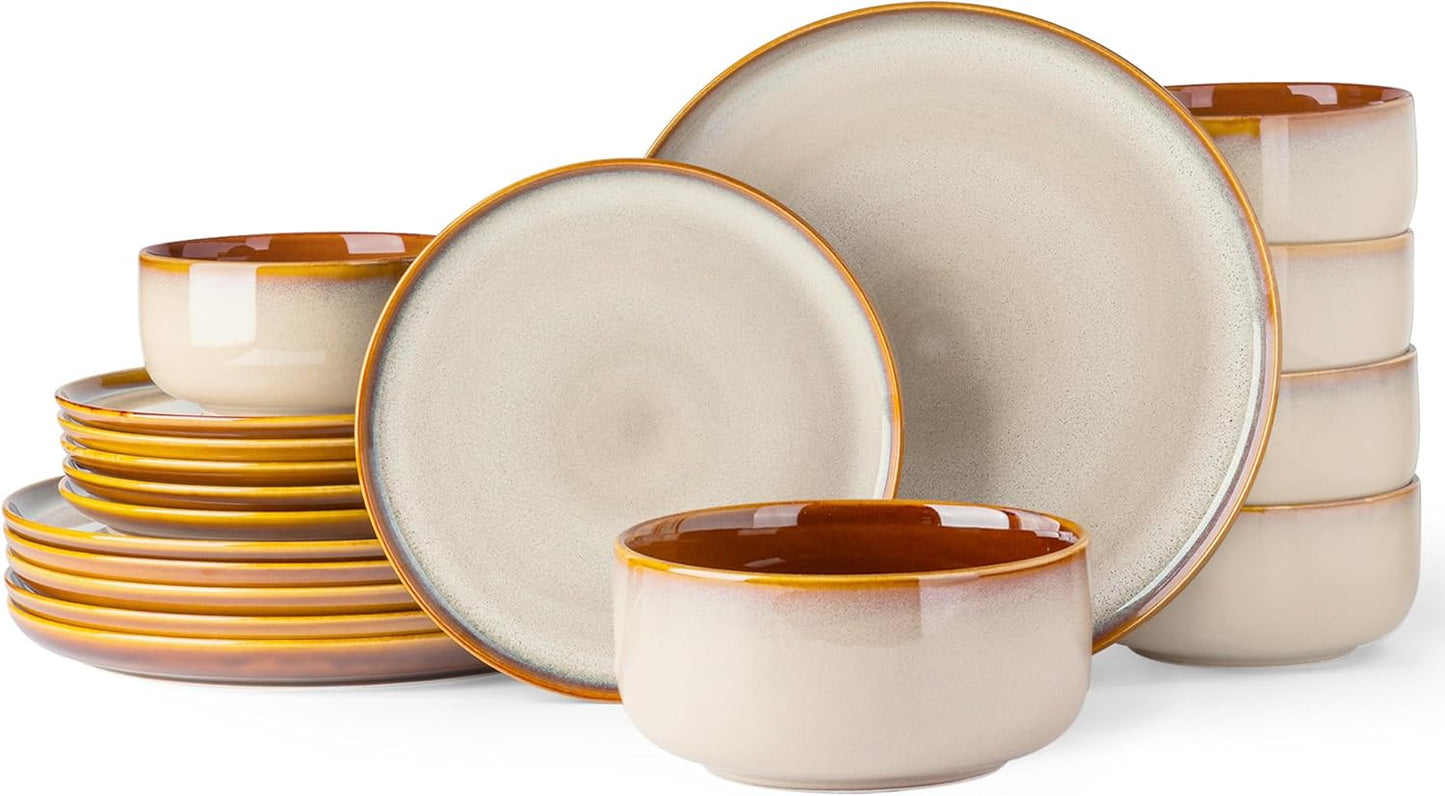 Dinner Set for 6, 18 Piece Stoneware Plates and Bowls Set, Chip & Scratch Resistant Reactive Glazed Dinnerware Set, Dishwasher & Microwave Safe Crockery Set (Cappuccino, Service for 6)