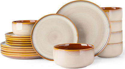 Dinner Set for 6, 18 Piece Stoneware Plates and Bowls Set, Chip & Scratch Resistant Reactive Glazed Dinnerware Set, Dishwasher & Microwave Safe Crockery Set (Cappuccino, Service for 6)
