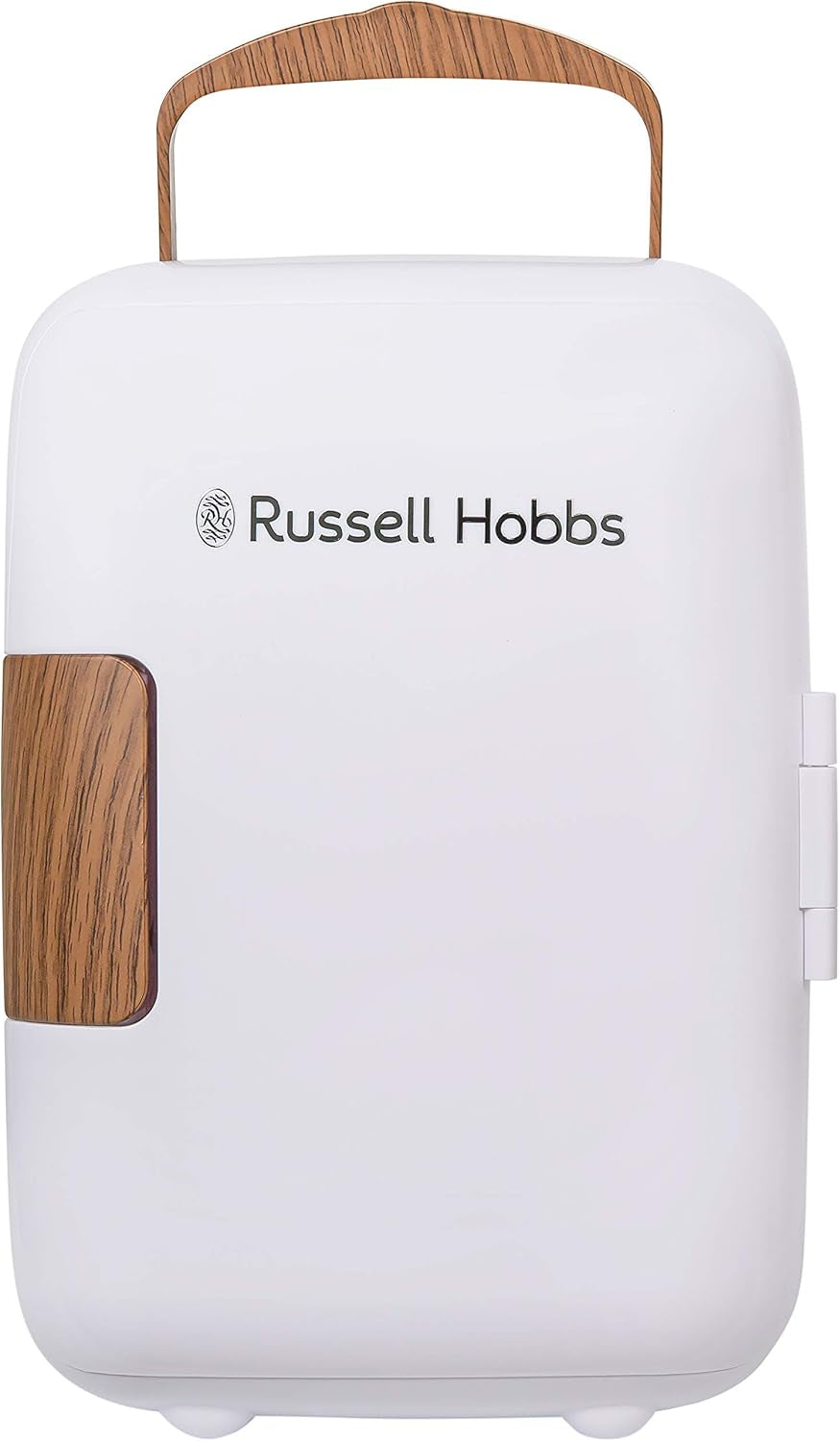 RH4CLR1001SCW 4L/6 Can Mini Portable Cooler & Warmer for Drinks, Cosmetics/Makeup/Skincare, AC/DC Power, Scandi Style, White & Wood Effect, for Bedroom, Home, Caravan, Car