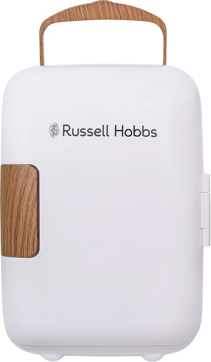 RH4CLR1001SCW 4L/6 Can Mini Portable Cooler & Warmer for Drinks, Cosmetics/Makeup/Skincare, AC/DC Power, Scandi Style, White & Wood Effect, for Bedroom, Home, Caravan, Car