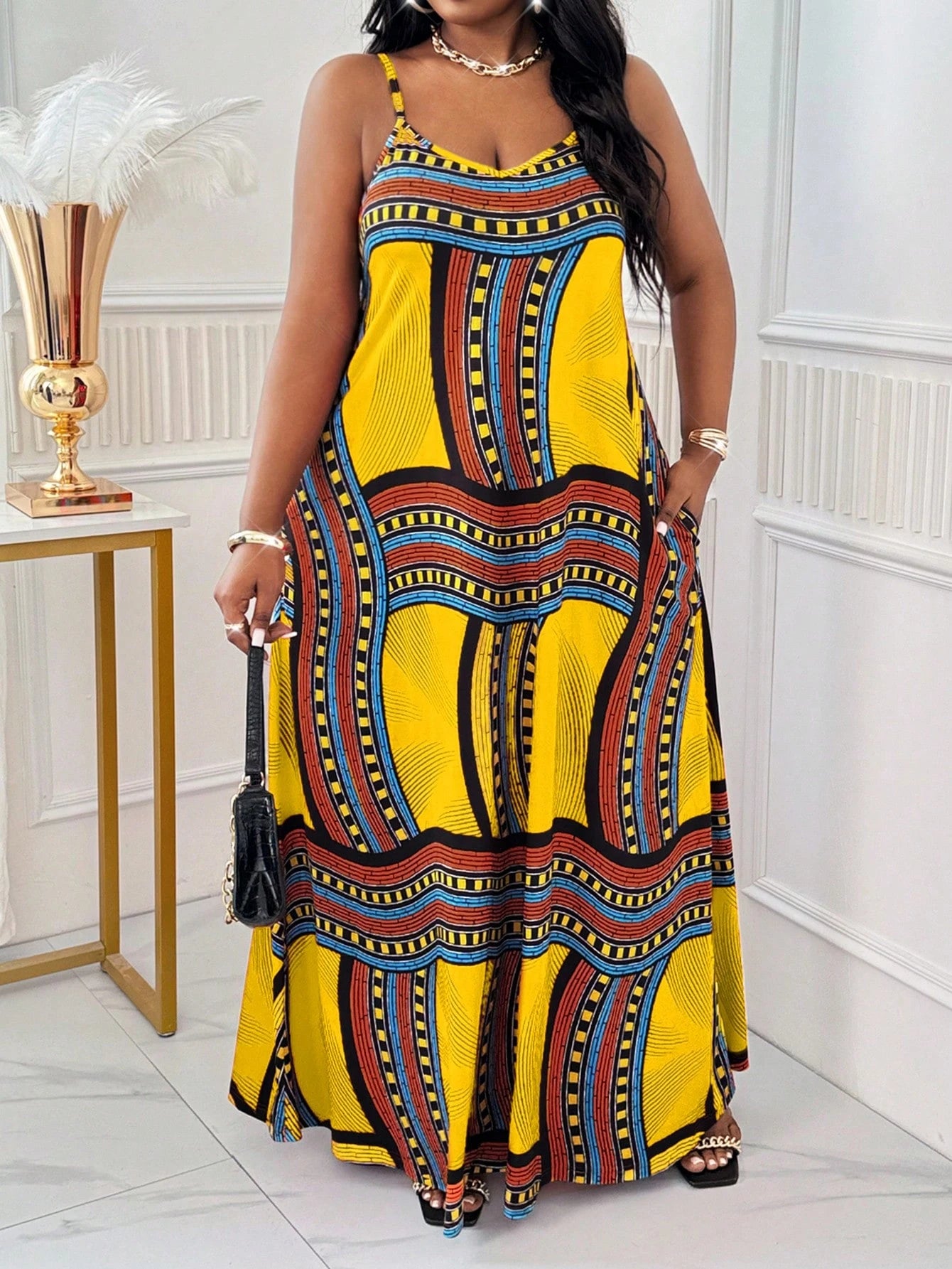 Women's Plus Size Spring and Summer Casual Beach Spaghetti Strap Gown - Plaid and African-Inspired Vacation Dresses for Women