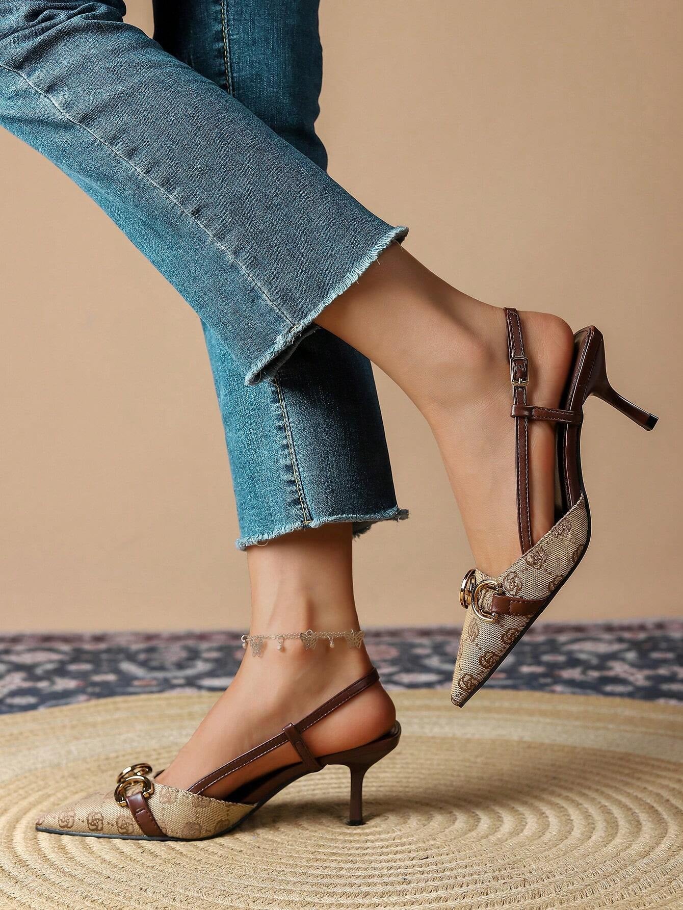 Women'S High Heeled Pointed Toe Shoes with Buckle, Retro Vintage Floral Embroidery and Back Straps