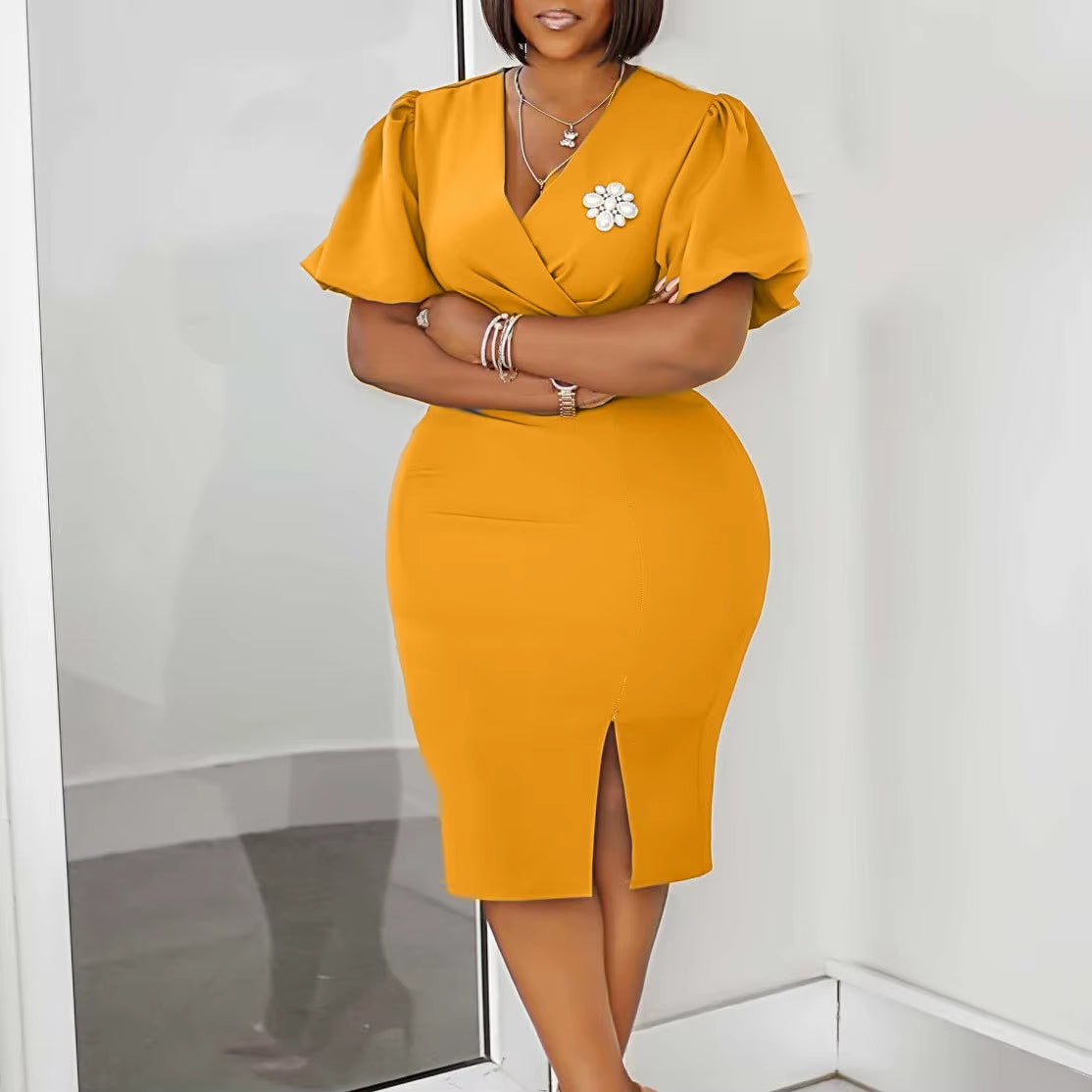 Guest Wedding Party Dress V Neck Short Lantern Sleeve Waist Belt Brooch Slit Solid Elegant Bodycon Sexy Feminine African Gowns